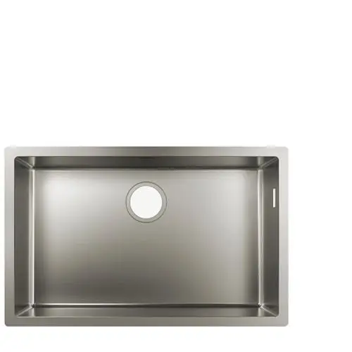 Edelstahlspüle von Hansgrohe mit rechteckiger Form und zentralem Abflussloch. Unterbau-Design, geeignet für moderne Küchen.